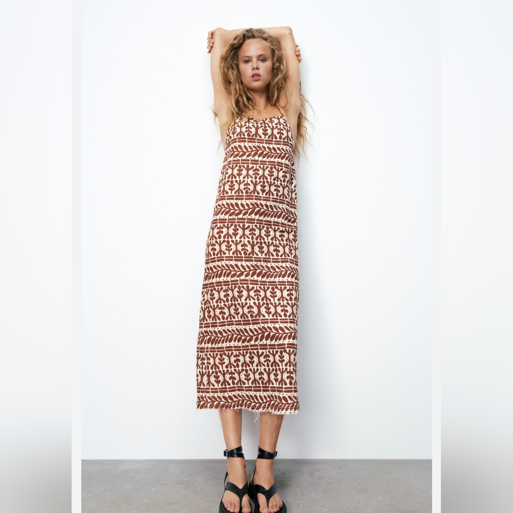 NWOT Zara Brown Neutral Linen Blend Strappy Maxi Dress Women's Size Small